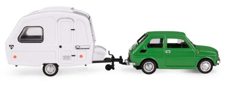 Daffi, Niewiadów, Fiat 126p z przyczepą kempingową, pojazd, model metalowy, zielony, 1:43