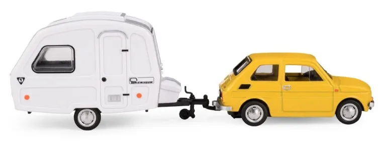Daffi, Niewiadów, Fiat 126p z przyczepą kempingową, pojazd, model metalowy, żółty, 1:43