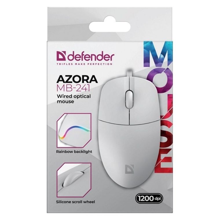 Defender, mysz przewodowa, AZORA MB-241, OPTYCZNA, 1200DPI 3P, BIALA, 52242