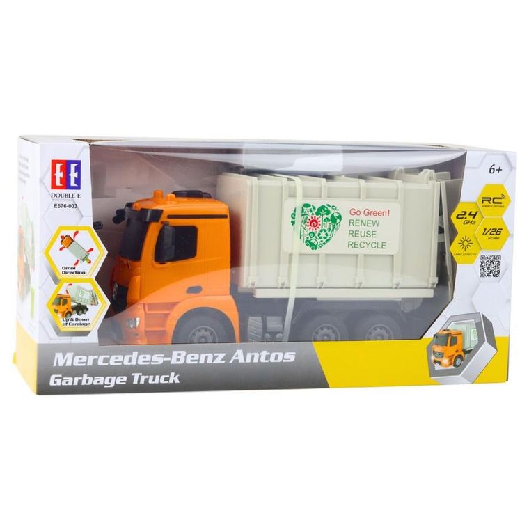 Double E, Mercedes-Benz Antos, śmieciarka zdalnie sterowana, 1:26, pomarańczowa