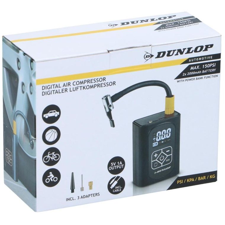 Dunlop, kompresor samochodowy, cyfrowa sprężarka z funkcją powerbank, 150 psi