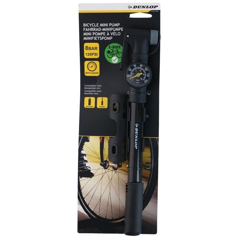 Dunlop, pompka rowerowa mini z manometrem, 8bar, czarna