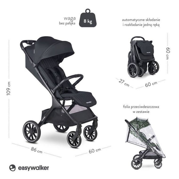 Easywalker, Jackey2 XL, przestronny, samoskładający się wózek spacerowy z kołami XL, Midnight Black