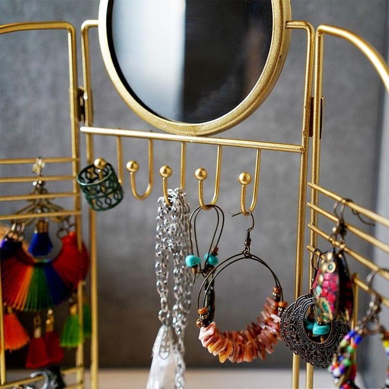 Eleganza, wieszak na biżuterię z lusterkiem, metalowy, składany, złoty