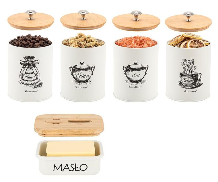 Elitehoff, zestaw 4 pojemników kuchennych i maselniczką