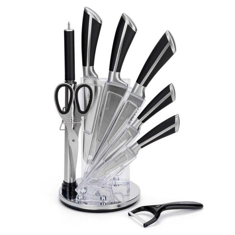 Elitehoff, zestaw noży kuchennych w stojaku z ostrzałką i nożycami, 9 elementów