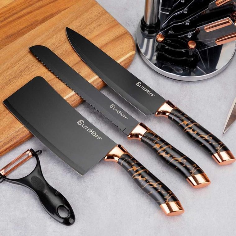 Elitehoff, zestaw noży kuchennych w stojaku z ostrzałką i nożycami, 9 elementów