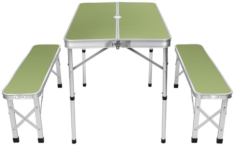 Enero Camp, składany stolik turystyczny, 90-60-70 cm i 2 ławki 87-23-39 cm