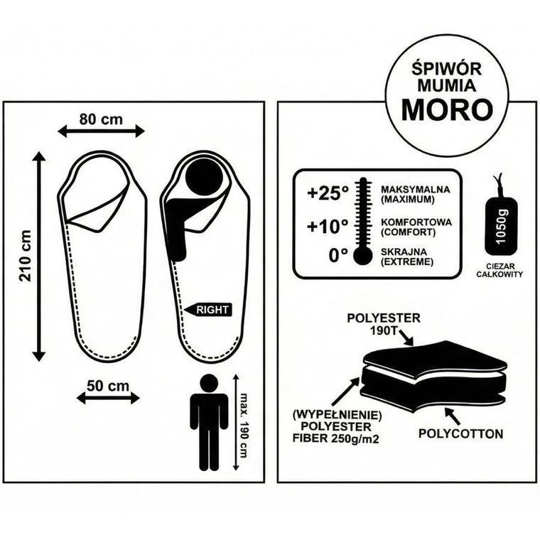 Enero Camp, śpiwór turystyczny z kompresją, moro, 50-80-210 cm