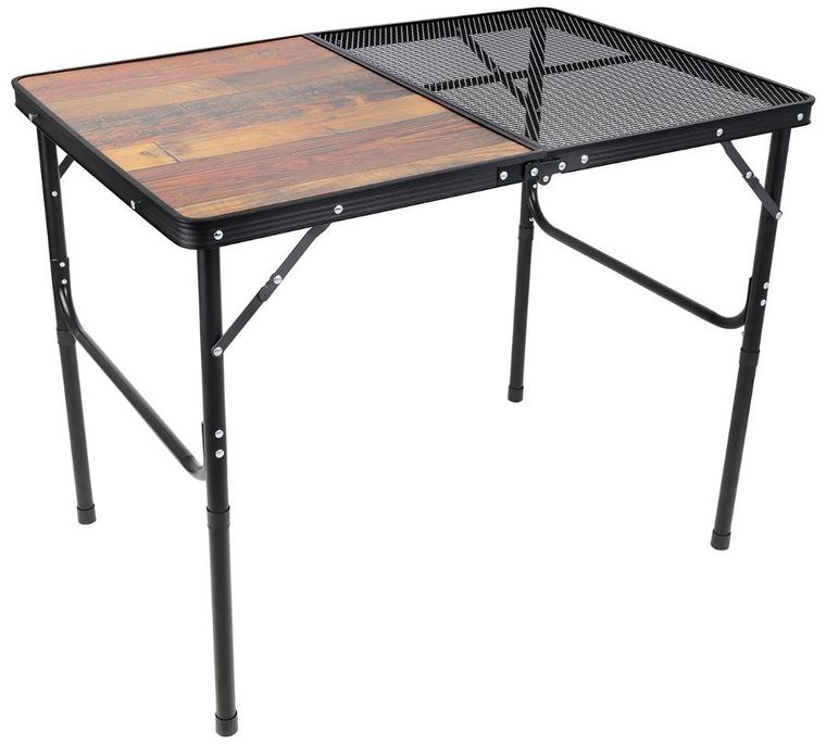 Enero camp, stolik turystyczny składany kempingowy, siatka stalowa drewno, 90-60-36-68 cm