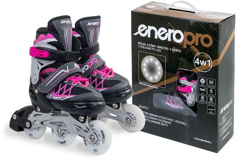 Enero Pro, łyżworolki wrotki łyżwy, 4w1, LED, różowo-szare, rozmiar 26-29