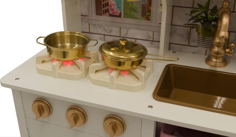 Enero Toys, kuchnia drewniana, lampka LED, biało-różowa, 60-30-88.5 cm