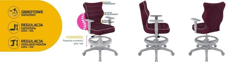 Entelo, Duo, krzesło biurowe z podnóżkiem i podłokietnikami, wzrost 159-188 cm, fioletowe