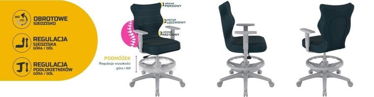 Entelo, Duo, krzesło biurowe z podnóżkiem i podłokietnikami, wzrost 159-188 cm, granatowe