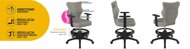 Entelo, Duo, krzesło biurowe z podnóżkiem i podłokietnikami, wzrost 159-188 cm, szare