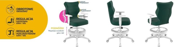 Entelo, Duo, krzesło biurowe z podnóżkiem i podłokietnikami, wzrost 159-188 cm, zielone