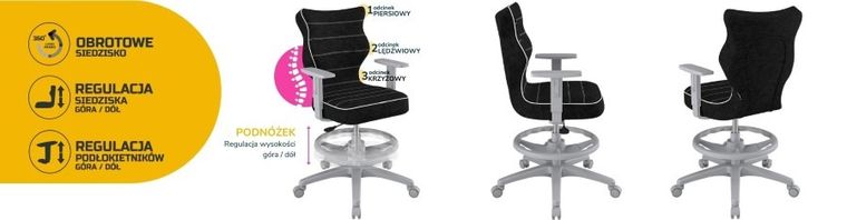 Entelo, Duo, krzesło młodzieżowe z podnóżkiem i podłokietnikami, wzrost 146-176,5 cm, czarne