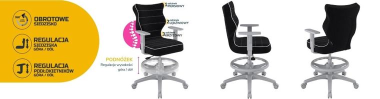 Entelo, Duo, krzesło młodzieżowe z podnóżkiem i podłokietnikami, wzrost 146-176,5 cm, czarne