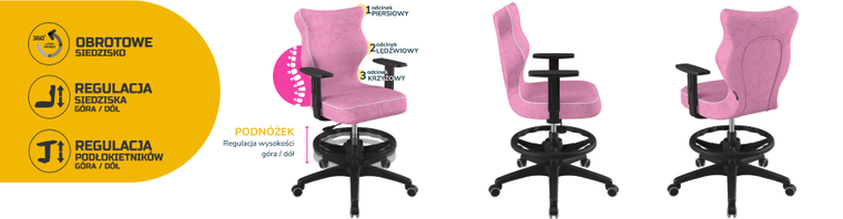 Entelo, Duo, krzesło młodzieżowe z podnóżkiem i podłokietnikami, wzrost 146-176,5 cm, różowe