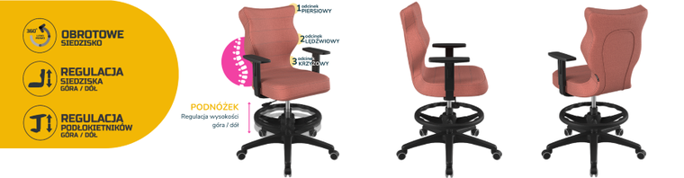 Entelo, Duo, krzesło młodzieżowe z podnóżkiem i podłokietnikami, wzrost 146-176,5 cm, różowe