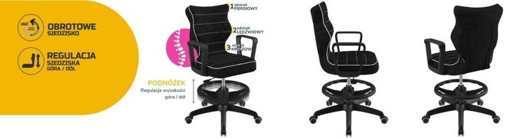 Entelo, Norm, krzesło biurowe z podnóżkiem i podłokietnikami, wzrost 159-188 cm, czarne