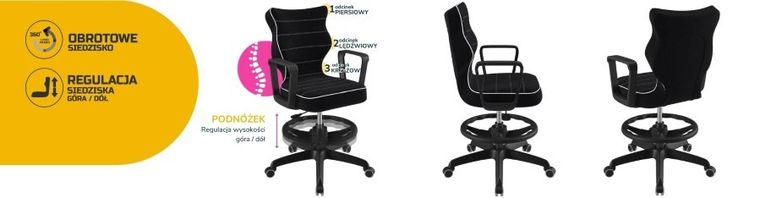 Entelo, Norm, krzesło biurowe z podnóżkiem i podłokietnikami, wzrost 159-188 cm, czarne