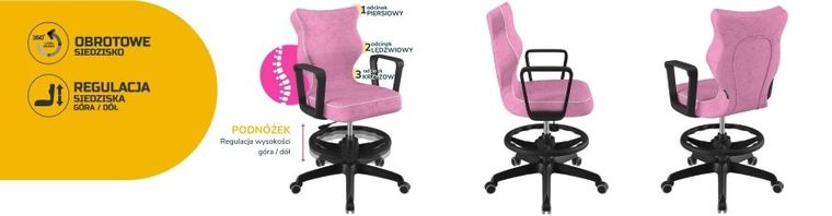 Entelo, Norm, krzesło biurowe z podnóżkiem i podłokietnikami, wzrost 159-188 cm, różowe