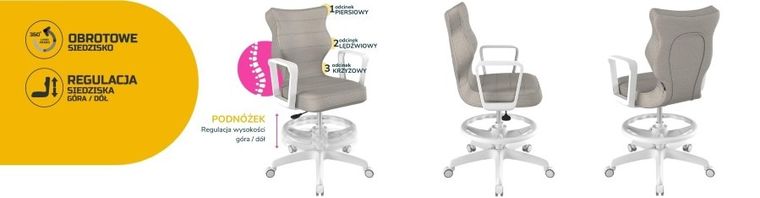 Entelo, Norm, krzesło biurowe z podnóżkiem i podłokietnikami, wzrost 159-188 cm, szare