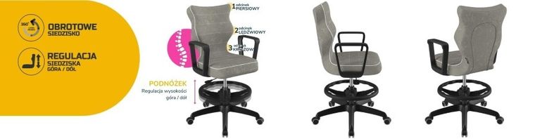 Entelo, Norm, krzesło biurowe z podnóżkiem i podłokietnikami, wzrost 159-188 cm, szare