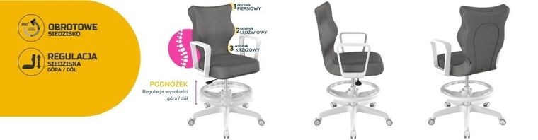 Entelo, Norm, krzesło młodzieżowe z podnóżkiem i podłokietnikami, wzrost 146-176,5 cm, ciemno szare