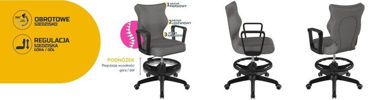 Entelo, Norm, krzesło młodzieżowe z podnóżkiem i podłokietnikami, wzrost 146-176,5 cm, ciemno szare