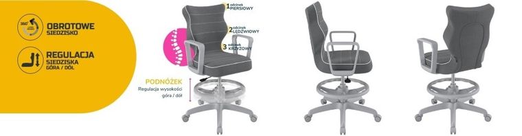 Entelo, Norm, krzesło młodzieżowe z podnóżkiem i podłokietnikami, wzrost 146-176,5 cm, ciemno szare