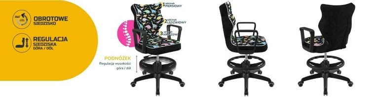 Entelo, Norm, krzesło młodzieżowe z podnóżkiem i podłokietnikami, wzrost 146-176,5 cm, dinozaury