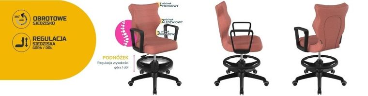 Entelo, Norm, krzesło młodzieżowe z podnóżkiem i podłokietnikami, wzrost 146-176,5 cm, różowe