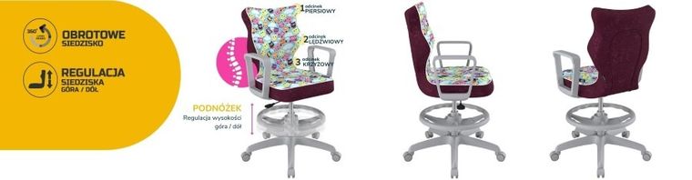 Entelo, Norm, krzesło młodzieżowe z podnóżkiem i podłokietnikami, wzrost 146-176,5 cm, sowy