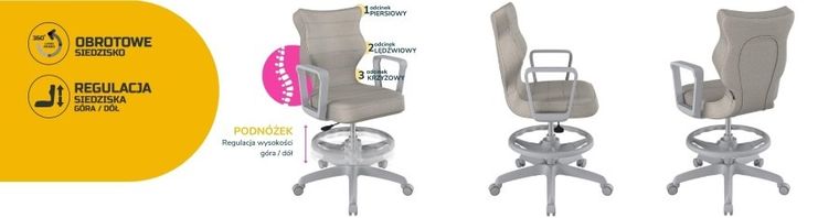 Entelo, Norm, krzesło młodzieżowe z podnóżkiem i podłokietnikami, wzrost 146-176,5 cm, szare