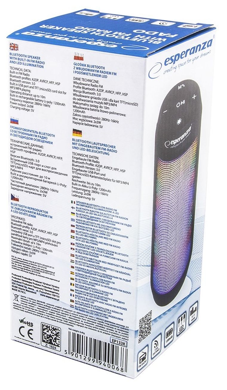 Esperanza, Fado EP133K, głośnik bluetooth, czarny