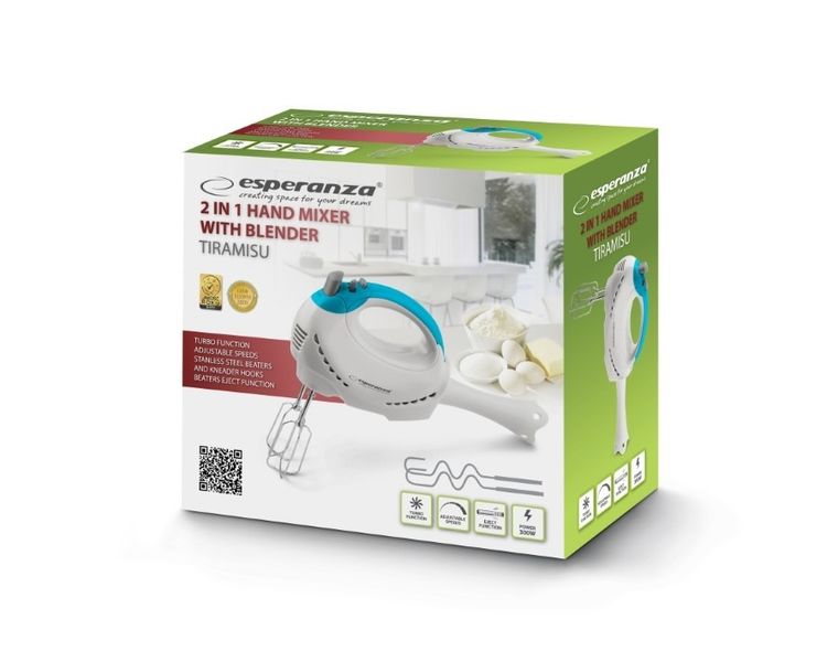 Esperanza, Tiramisu, blender, mikser ręczny, 300W, biały, EKM010