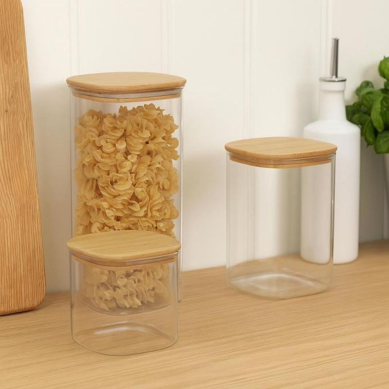 Excellent Houseware, Klar, zestaw szklanych słoików kuchennych z bambusową pokrywką, 3 szt.