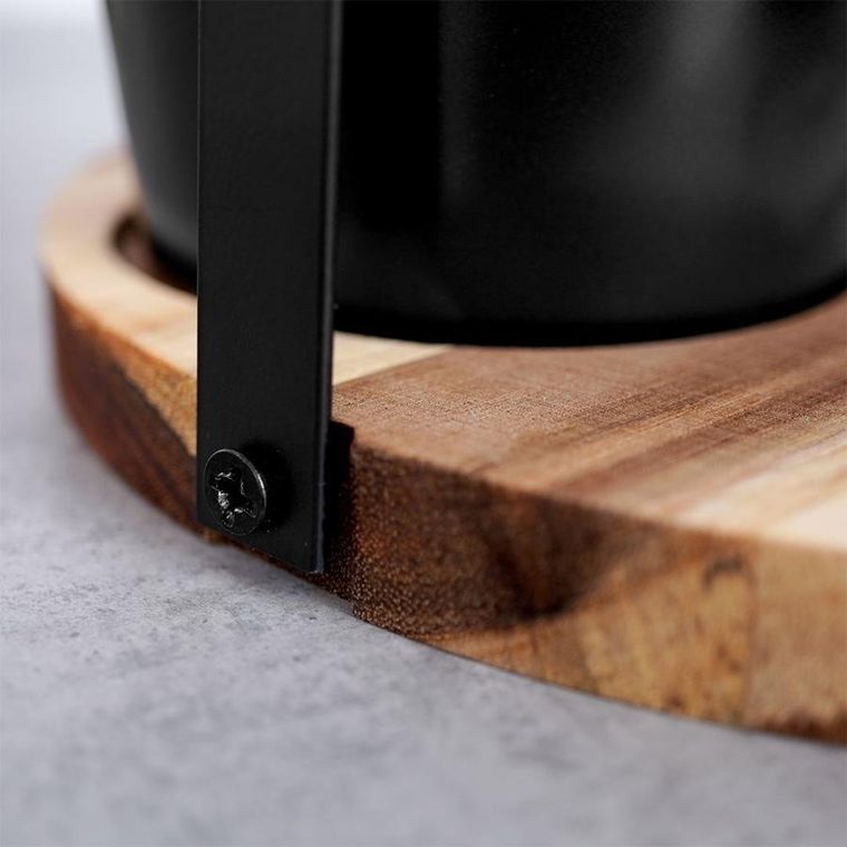 Excellent Houseware, miseczki ceramiczne do dipów, na przekąski, na tacy drewnianej, czarne, 4 elementy