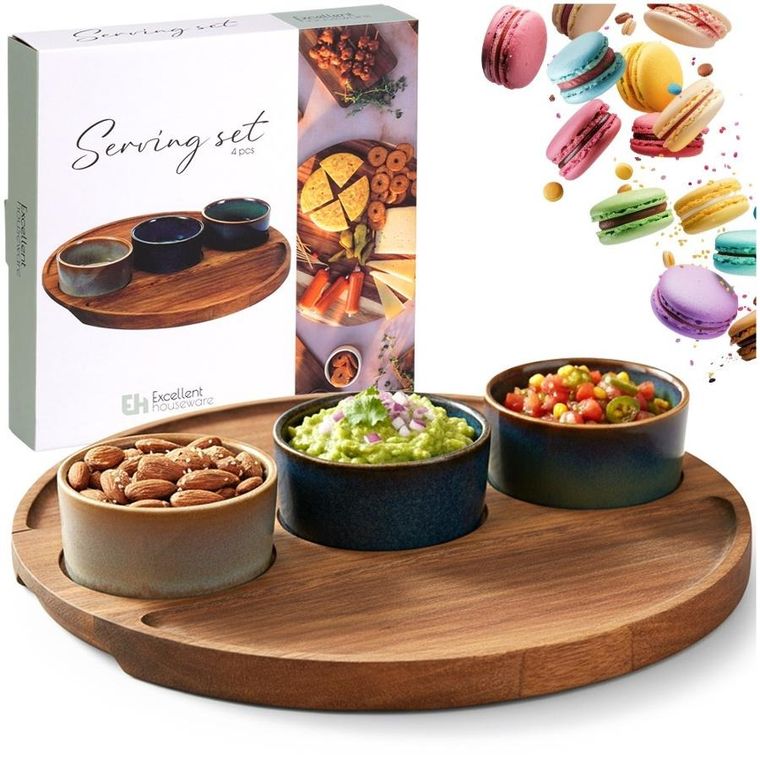 Excellent Houseware, miseczki na przekąski, na tacy, ceramiczne, 4 elementy