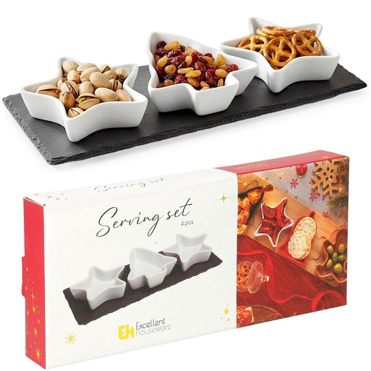 Excellent Houseware, miseczki na przekąski, na tacy, porcelanowe, 4 elementy