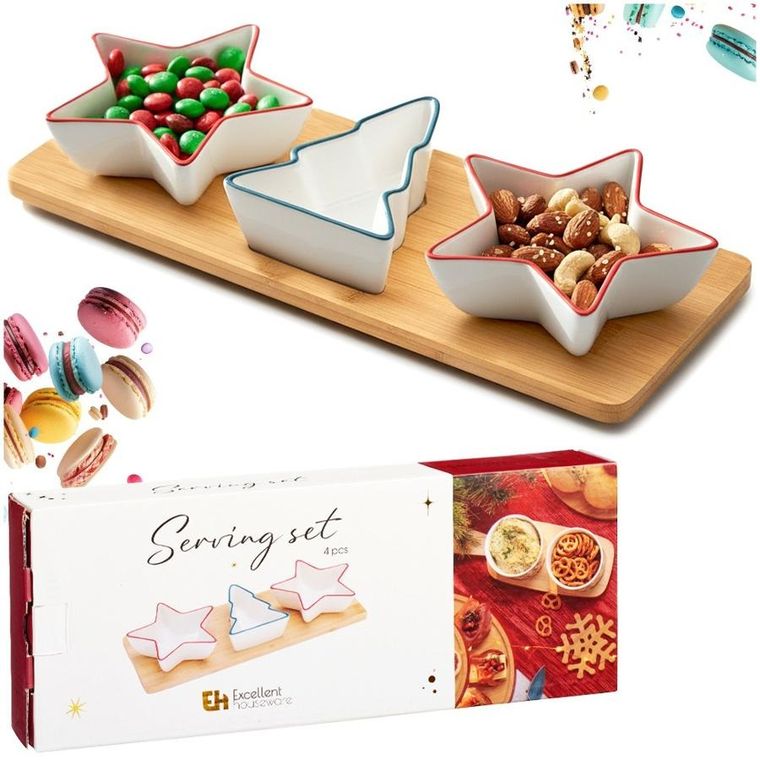 Excellent Houseware, miseczki na przekąski, na tacy, porcelanowe, 4 elementy