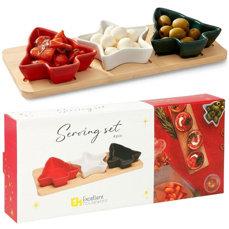 Excellent Houseware, miseczki na przekąski, na tacy, porcelanowe, 4 elementy
