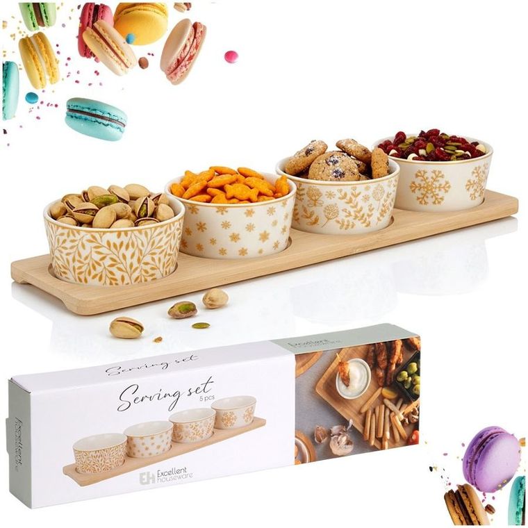 Excellent Houseware, miseczki na przekąski, na tacy, porcelanowe, 5 elementów