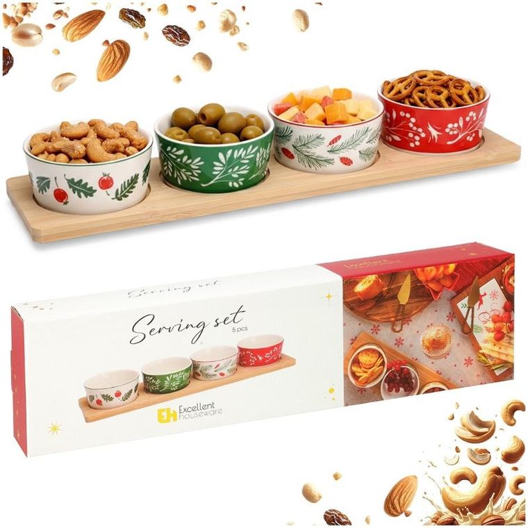 Excellent Houseware, miseczki na przekąski, na tacy, porcelanowe, 5 elementów