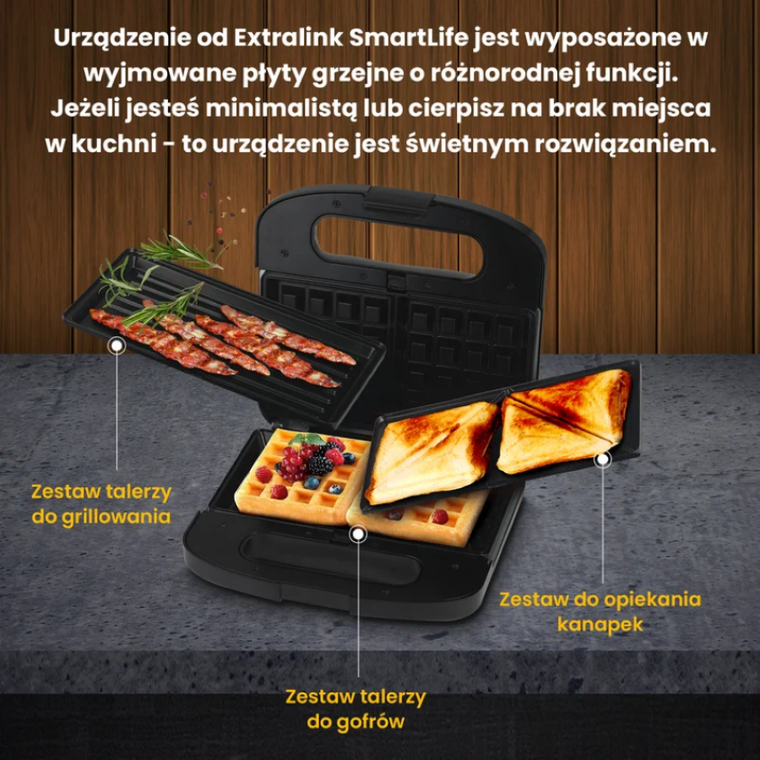 Extralink, Smart Life Grill Sandwich & Waffle Maker, grill, toster & gofrownica, opiekacz z 3 wymiennymi płytami, 1000W, SJ-37A