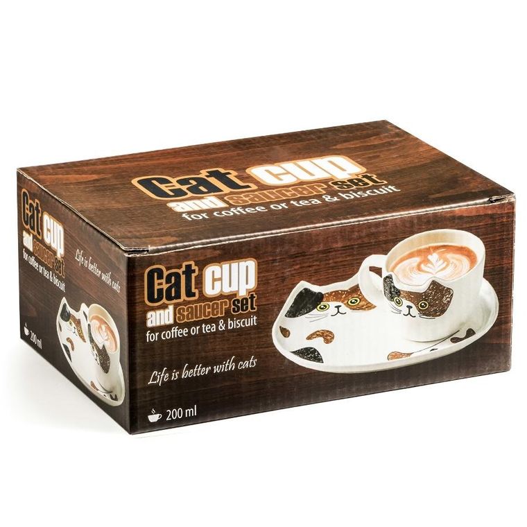 Gadget Master, kocia filiżanka ze spodkiem i mieszadełkiem