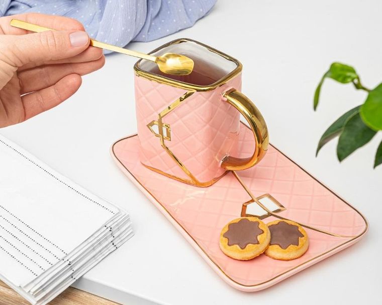 Gadget Master, kubek torebka z podstawką i łyżeczką, różowy