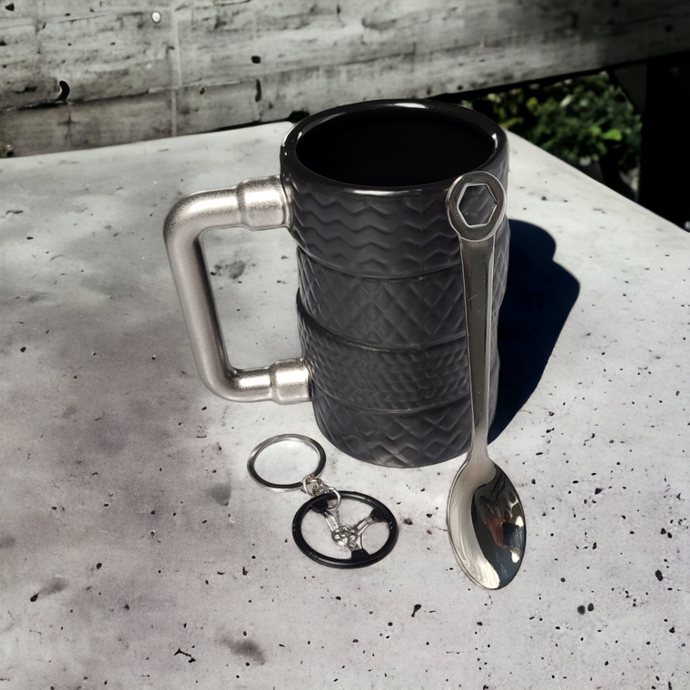 Gadget Master, zestaw upominkowy, mężczyzna: kubek opony, łyżeczka klucz, brelok kierownica